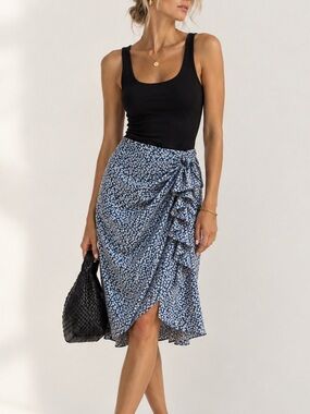 Veronica Beard Hazel Side 100% Silk Navy & White Floral Ruffle Midi Skirt